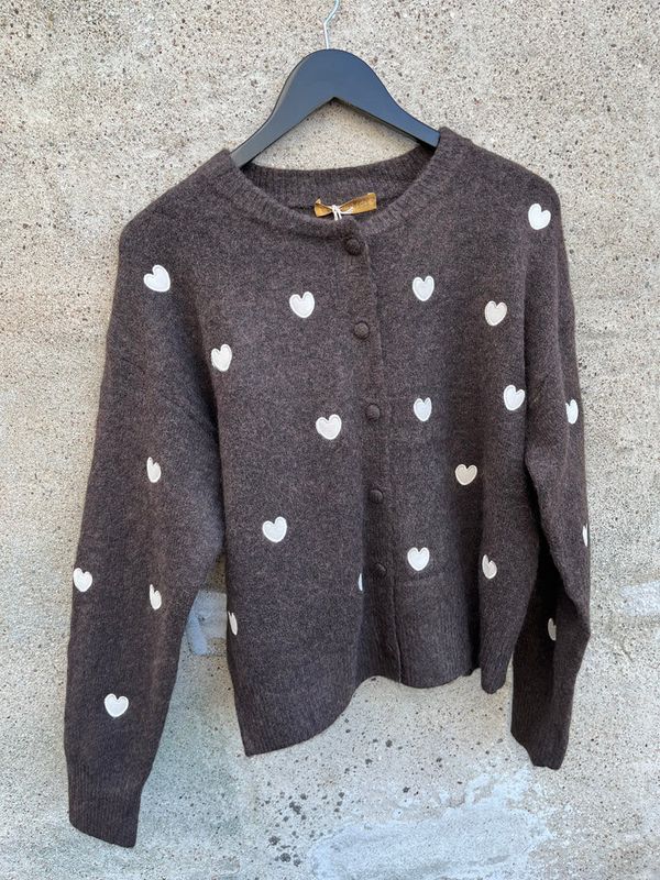 Cardigan med hjertemotiv, Chocolate og beige
