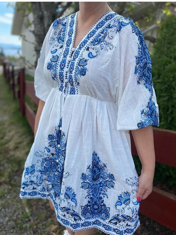 Leana kjole, hvit/blå